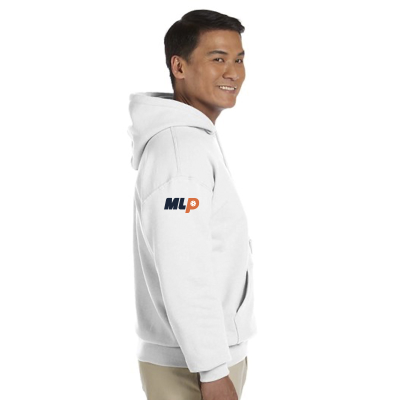 Side photo of a man wearing white hooded sweatshirt