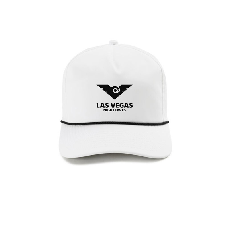 Photo of white hat with black rope and Las Vegas Night Owls logo